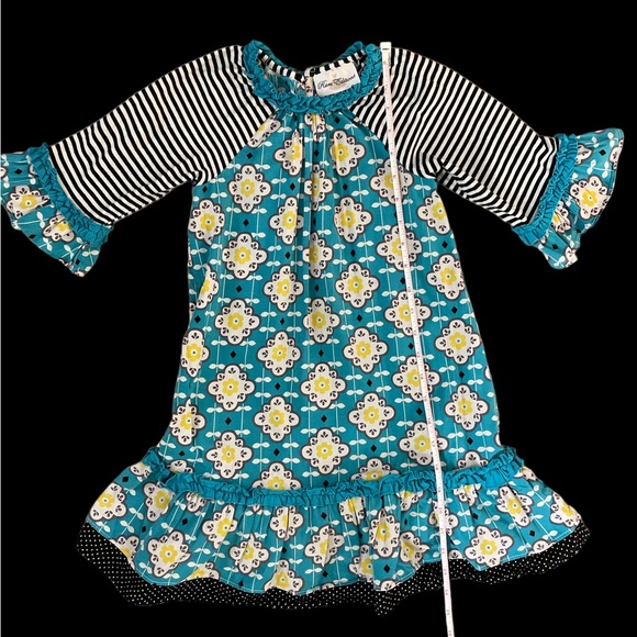 Rare Editions blue yellow black striped ruffled twirl long sleeve dress sz 6 sl - Picture 4 of 7